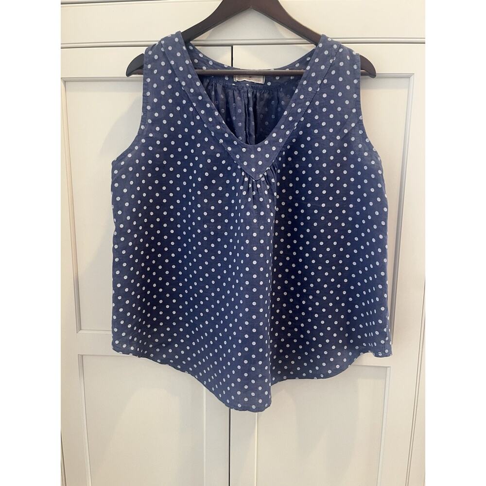 Lands Downunder Womens Blue Polka Dot Tank Top Sz. S/M 100% Linen Flowy V-Neck